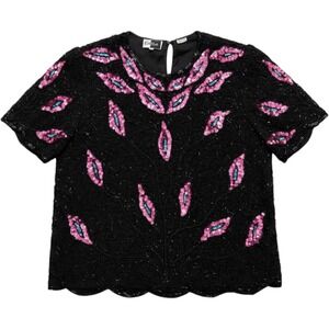 Carina Beaded Blouse Women 3X Black Pink Silk Sequin Vintage Floral Evening Top